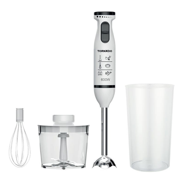 خلاط يدوي تورنيدو 600 وات مع كبة و مضرب بيض HB-600GWT - أبيض